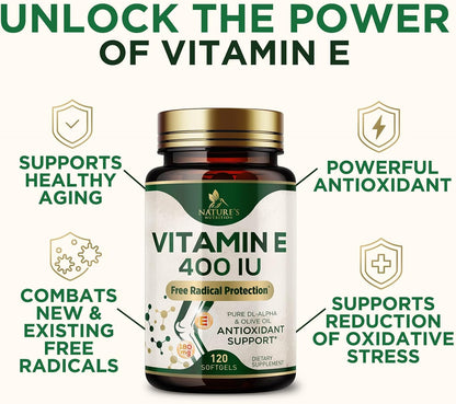 Vitamin E 180mg Per Serving – dl-Alpha Tocopherol Antioxidant Supplement, Non-GMO & Gluten-free – 120 Soft gel capsules