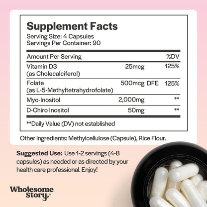 Myo-Inositol & D-Chiro Inositol Capsules with MTHF Folate, Vitamin D | 40:1 Ratio | Food Supplement for Women's Health | 360 Capsules