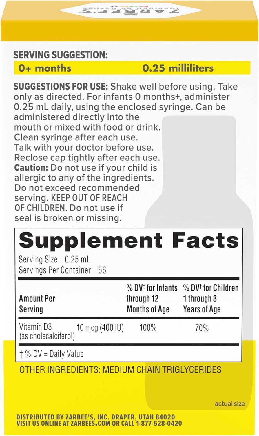 Zarbee's Vitamin D Drops for Infants, 400 IU (10 mcg) Baby & Toddler Liquid Supplement, New-born & Up, Dropper Syringe Included, 0.47 fl oz - görsel 9
