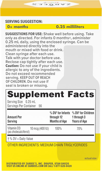 Zarbee's Vitamin D Drops for Infants, 400 IU (10 mcg) Baby & Toddler Liquid Supplement, New-born & Up, Dropper Syringe Included, 0.47 fl oz