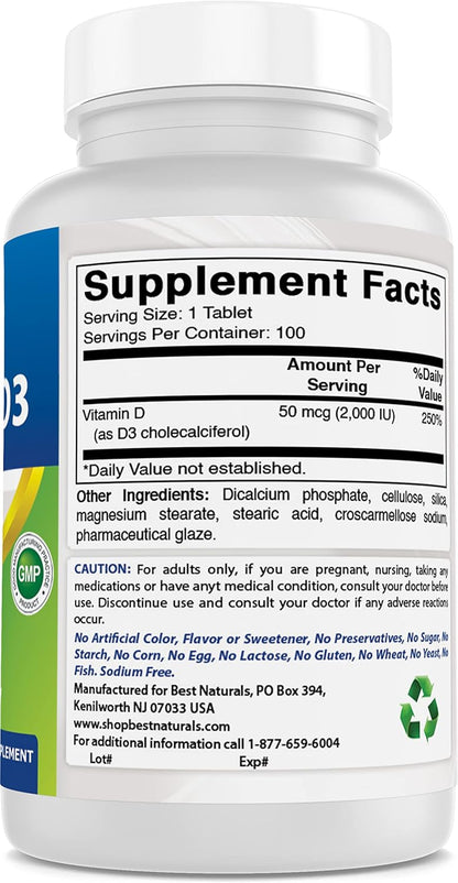 Best Naturals Vitamin D3 2000 IU (50 mcg) - 100 Tablets