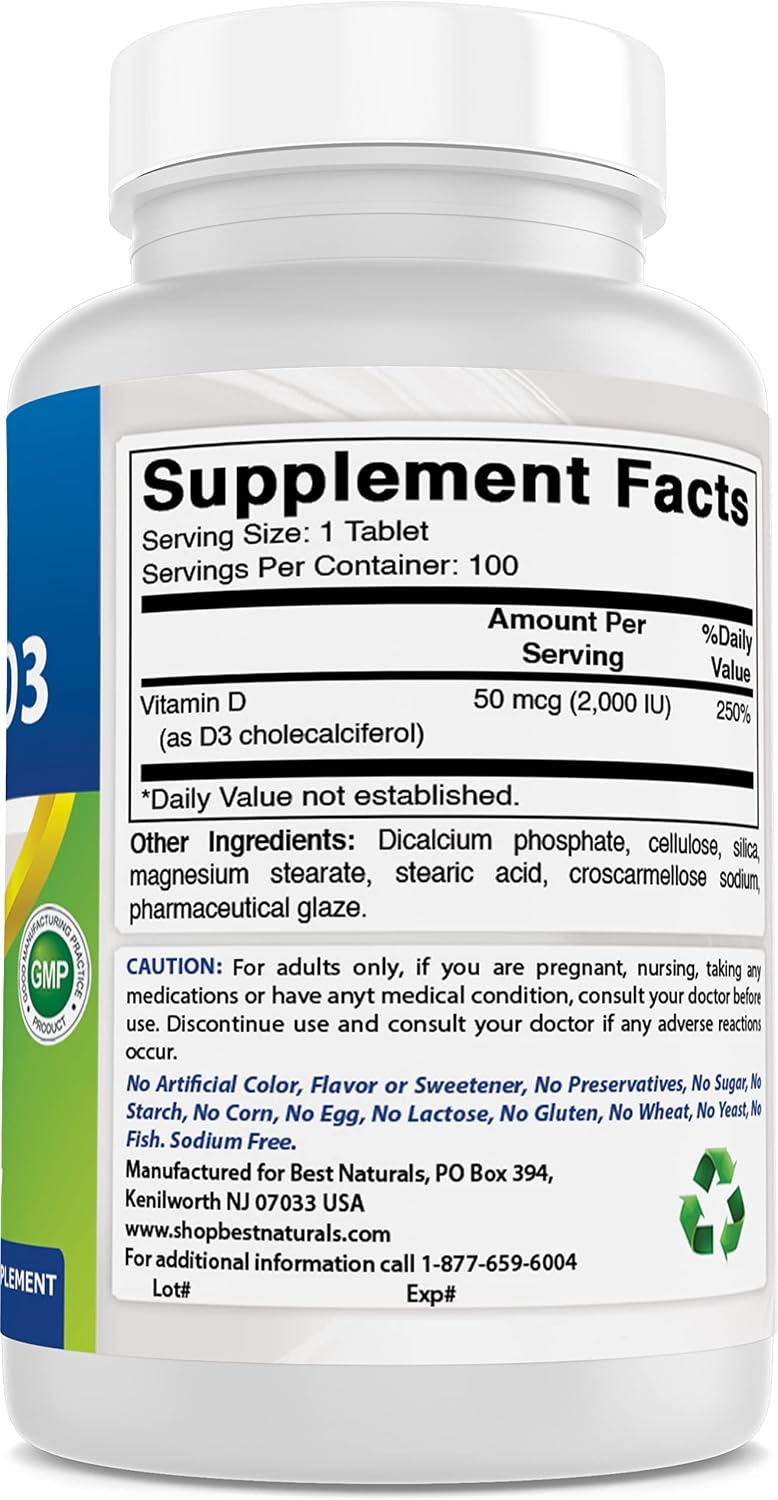 Best Naturals Vitamin D3 2000 IU (50 µg) – 200 Tablets (2-Pack) - görsel 5