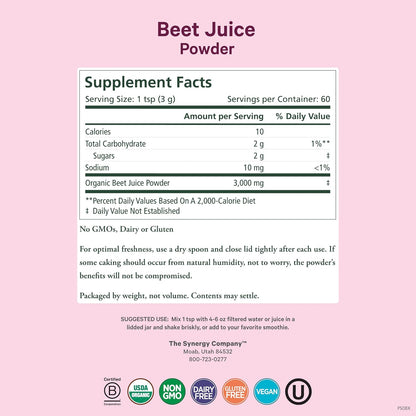 PURE SYNERGY Organic Beetroot Juice Powder - Pre-Workout Supplement for Healthy Circulation, Exercise, and Detoxification (181 g)