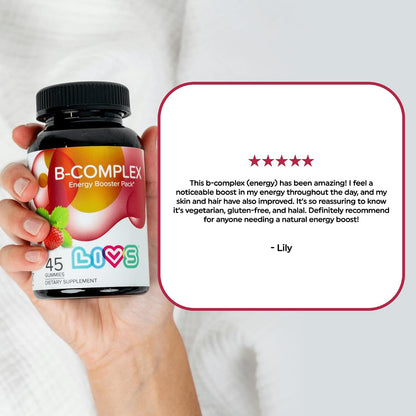 LIVS Vitamin B Complex Gummies with B12, Biotin, B3, B6 and Vitamin C – Strawberry Flavour (45 Count)