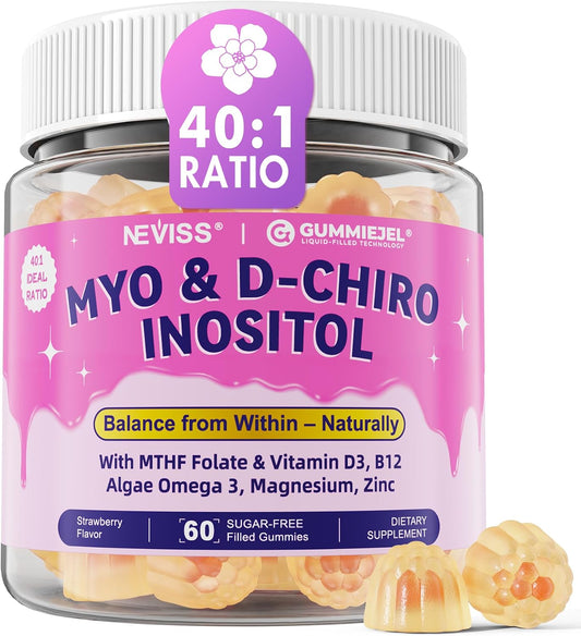 Myo-Inositol & D-Chiro Inositol Supplement for Women, 40:1 Ratio Inositol Gummies with Omega-3, Methyl Folate, Vitamin D3, B12, Magnesium & Zinc, Vegan, 60 Gummies