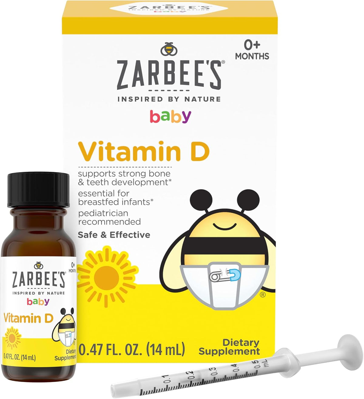 Zarbee's Vitamin D Drops for Infants, 400 IU (10 mcg) Baby & Toddler Liquid Supplement, New-born & Up, Dropper Syringe Included, 0.47 fl oz - görsel 1