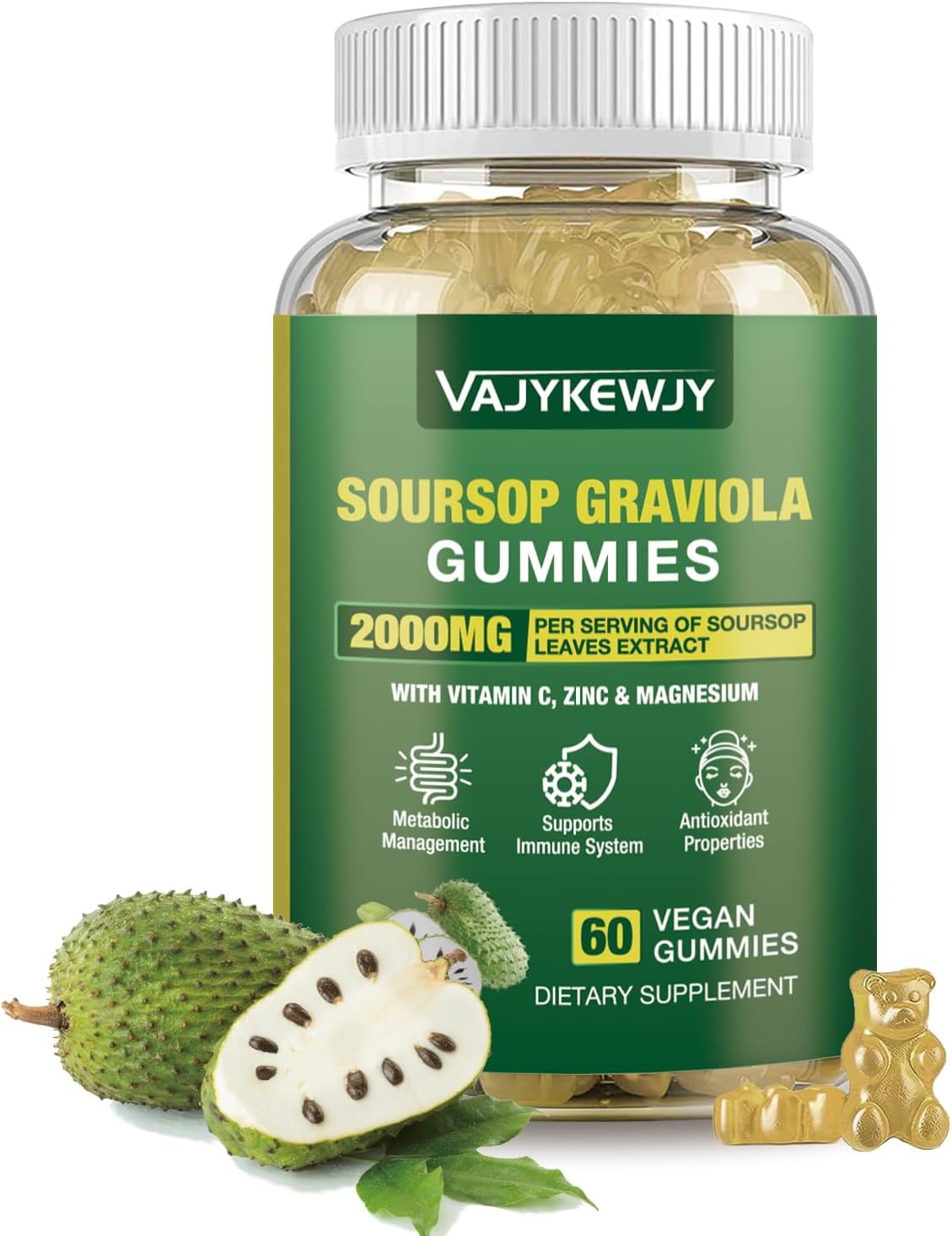 VAJYKEWJY Soursop Graviola Gummies – Extra Strength 2000mg with Vitamin C & Zinc, Vegan, 60 Gummies - görsel 1