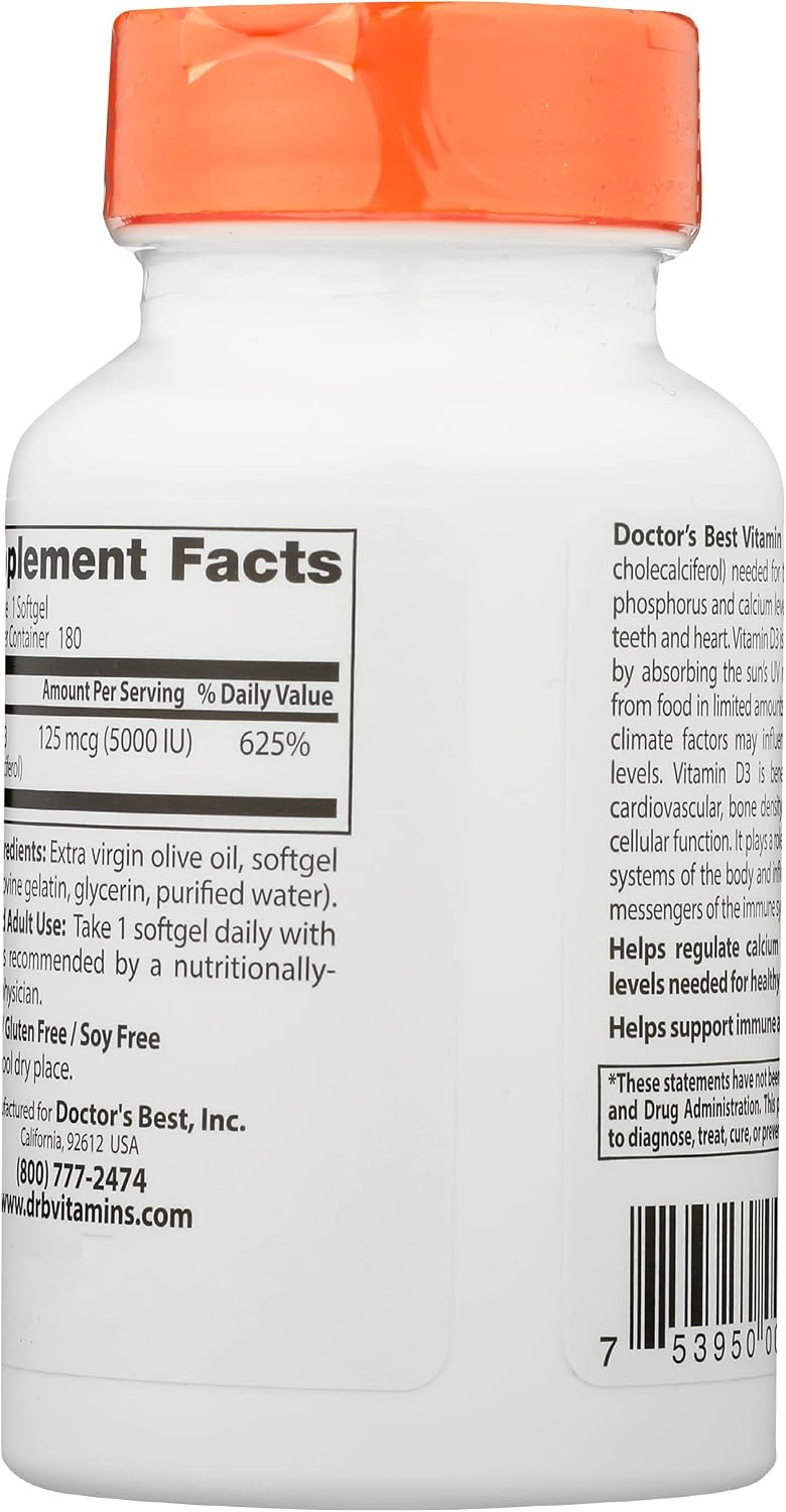 Doctor's Best Vitamin D3 5000IU, Non-GMO, 180 Soft gel capsule (Pack of 1) - görsel 2
