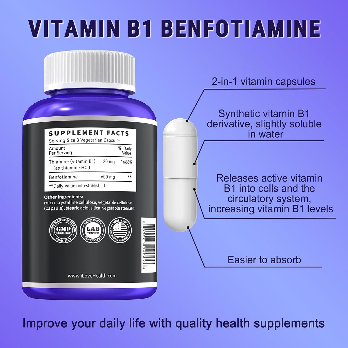 Benfotiamine 600mg Plus 20mg Vitamin B1 | 120 Veggie Capsules | Made in USA | Third-Party Tested - görsel 2