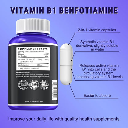 Benfotiamine 600mg Plus 20mg Vitamin B1 | 120 Veggie Capsules | Made in USA | Third-Party Tested