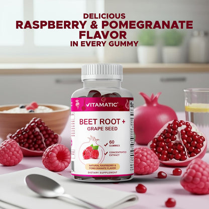 Vitamatic Beetroot Gummies with B6, B12, Grape Seed, Pomegranate & Nicotinamide - Vegan, Non-GMO, 60 Gummies