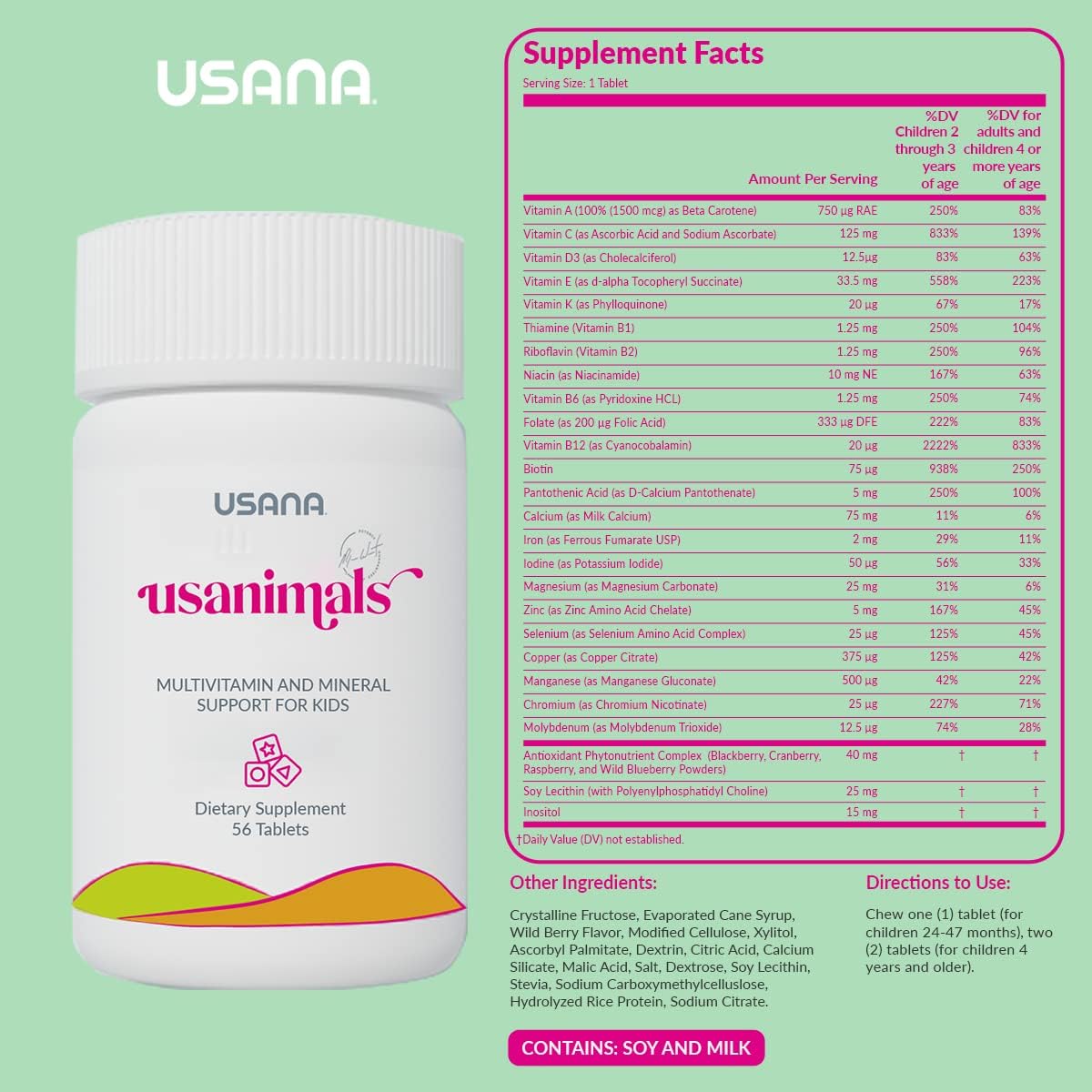 USANA Usanimals Multivitamin for Kids - Daily Chewable Tablets with Vitamins A, C, D, E, B6, B12, Zinc, Iron - Supports Immune & Bone Health - Essential Nutrients for Ages 2-12 - 56 Tablets - görsel 2