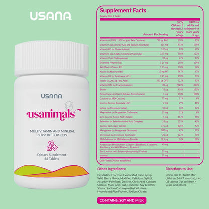 USANA Usanimals Multivitamin for Kids - Daily Chewable Tablets with Vitamins A, C, D, E, B6, B12, Zinc, Iron - Supports Immune & Bone Health - Essential Nutrients for Ages 2-12 - 56 Tablets