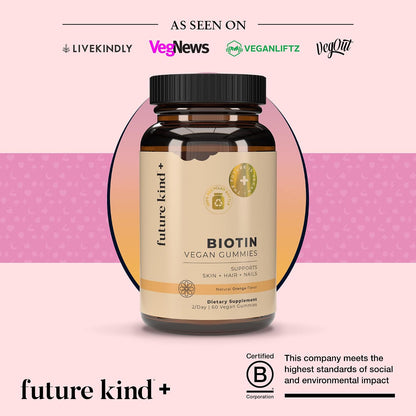 Future Kind Vegan Biotin Gummies for Hair, Skin and Nails – Vegan Collagen Supplement with Vitamin A, C & E – Natural Strawberry Flavour – 30 Gummies