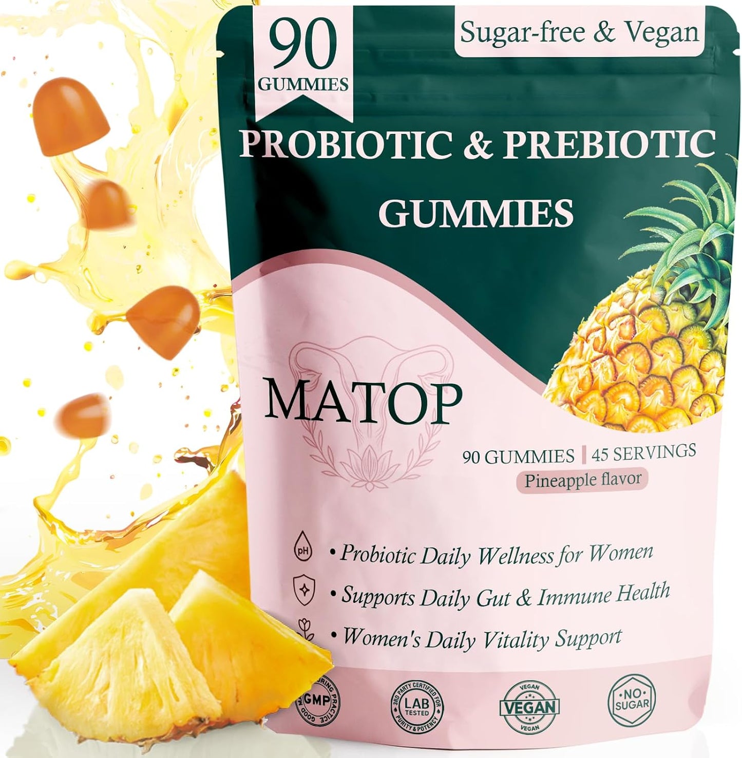 MATOP Women’s Probiotic Pineapple Gummies – Gut Health & pH Balance Daily Digestive Feminine Wellness, Vegan Sugar-Free, 60 Count - görsel 8