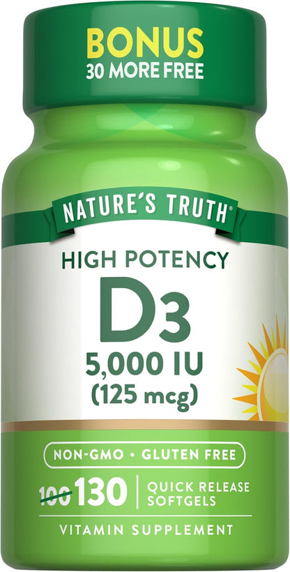 Nature's Truth Vitamin D3 5000 IU Softgels – 130 Count