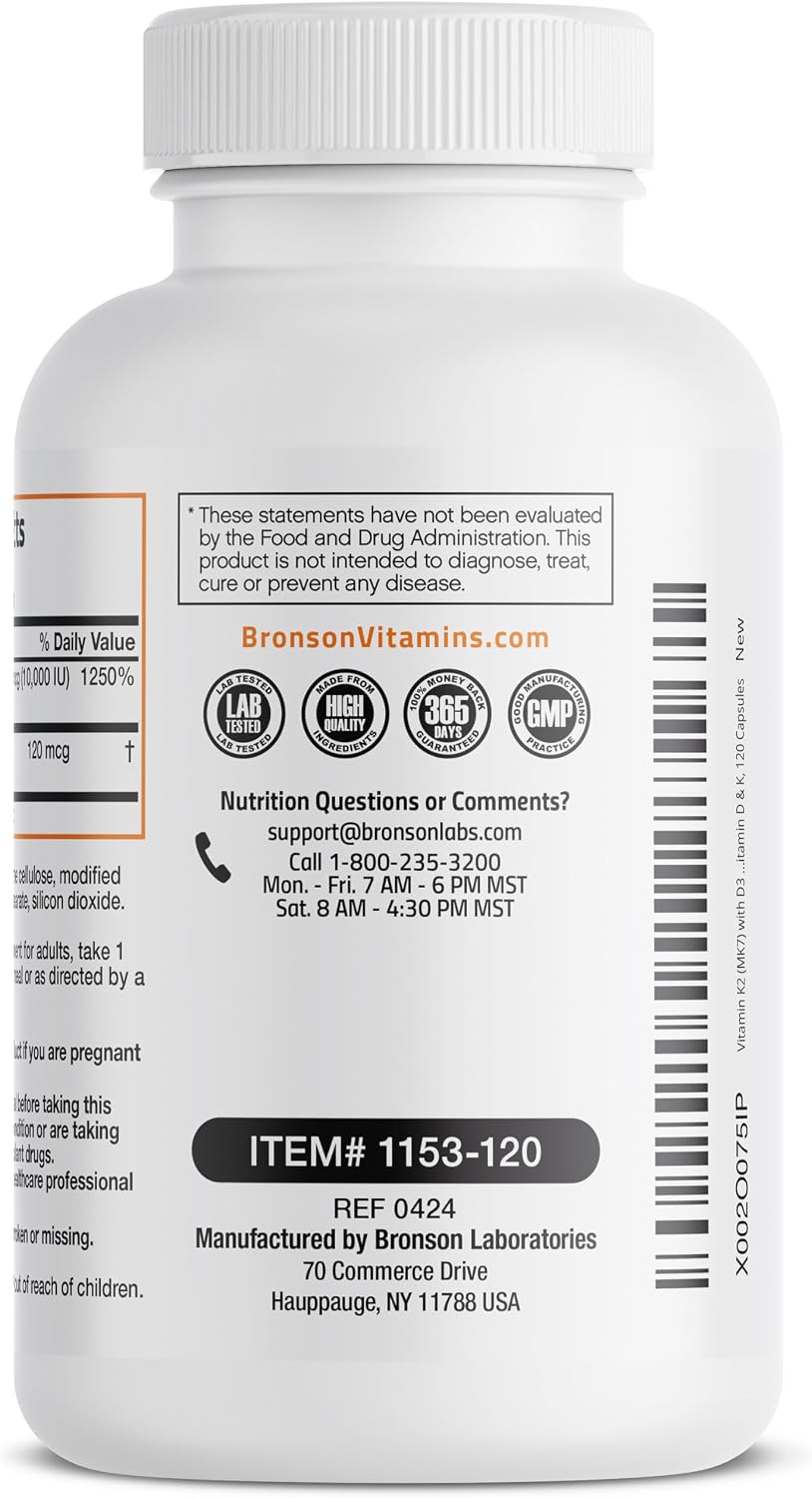 Bronson Vitamin K2 (MK-7) with D3 Extra Strength – 10,000 IU D3 & 120 mcg K2, 120 Capsules - görsel 6