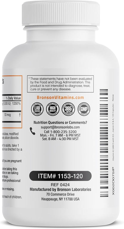 Bronson Vitamin K2 (MK-7) with D3 Extra Strength – 10,000 IU D3 & 120 mcg K2, 120 Capsules