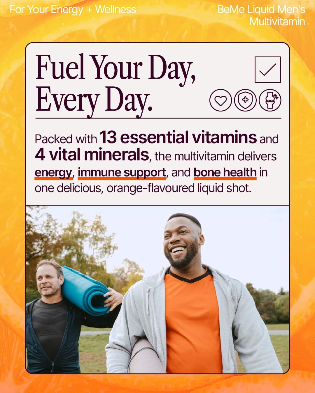 BeMe Liquid Multivitamins for Men - 13 Vitamins & Minerals, Liquid Delivery, Tear & Go Sachets, Orange Flavour (30 Sachets) - görsel 2