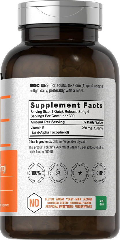 Horbäach Vitamin E Supplement | 400 IU (268mg) | 300 Soft gel capsule Capsules | d-Alpha Tocopherol | Non-GMO & Gluten-free Formula