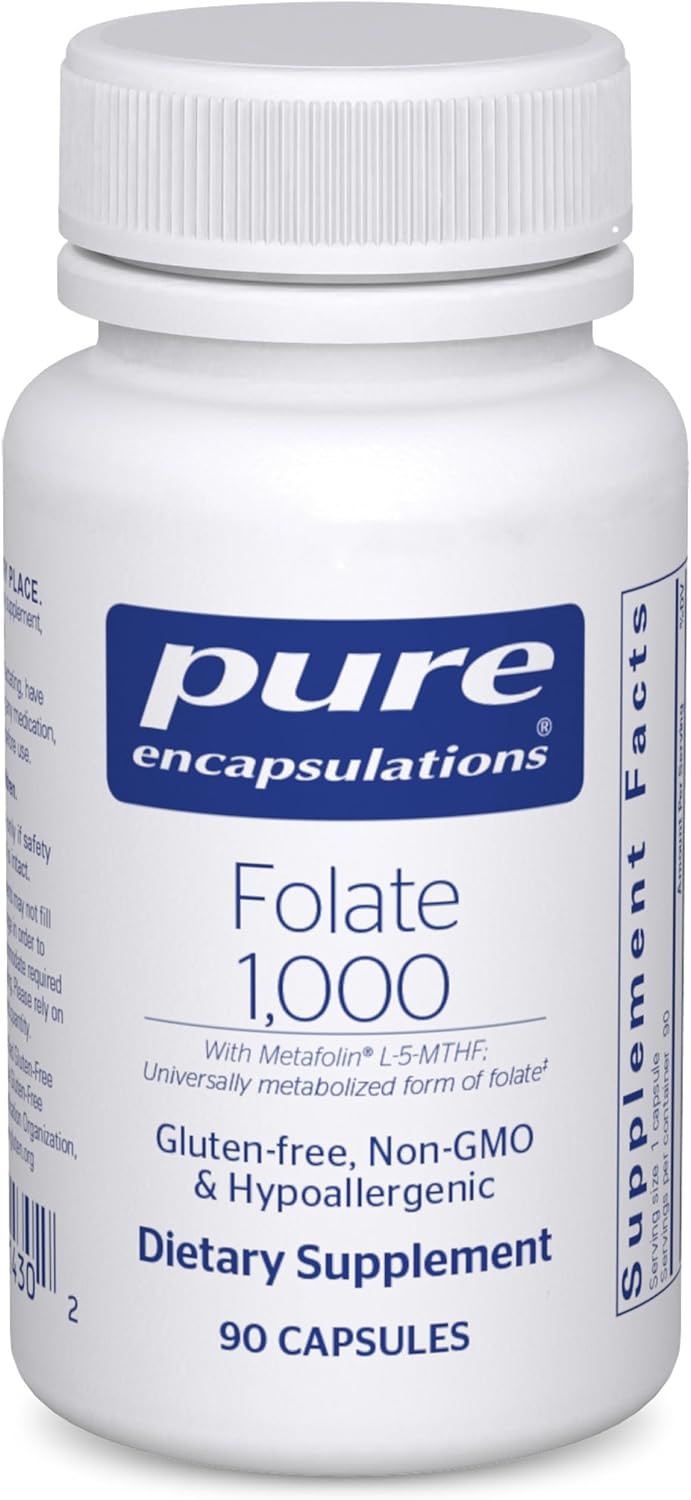 Pure Encapsulations Folate 1000 - Metafolin L-5-MTHF - Heart Health Supplement* - Folate Supplement - Non-GM & Gluten-free - 90 Capsules - görsel 1