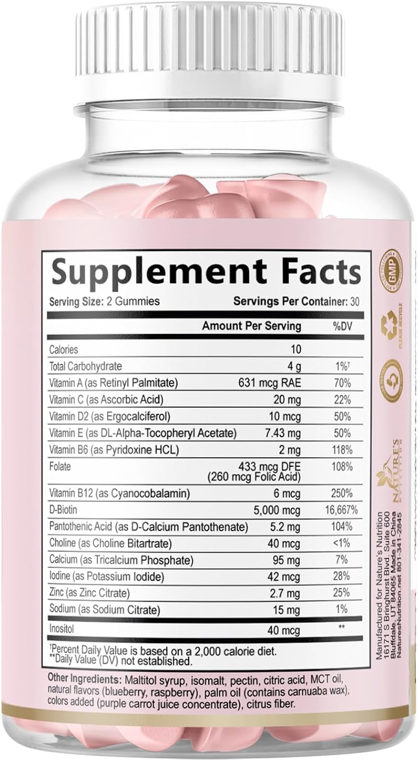 Hair Vitamins Gummies - Sugar Free Hair Support with Biotin 5000 mcg, Vitamins A, C, D, E, B12, Folic Acid for Hair, Skin & Nails - Vegetarian - 60 Gummies - görsel 9