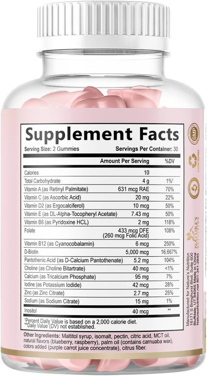 Hair Vitamins Gummies - Sugar Free Hair Support with Biotin 5000 mcg, Vitamins A, C, D, E, B12, Folic Acid for Hair, Skin & Nails - Vegetarian - 60 Gummies