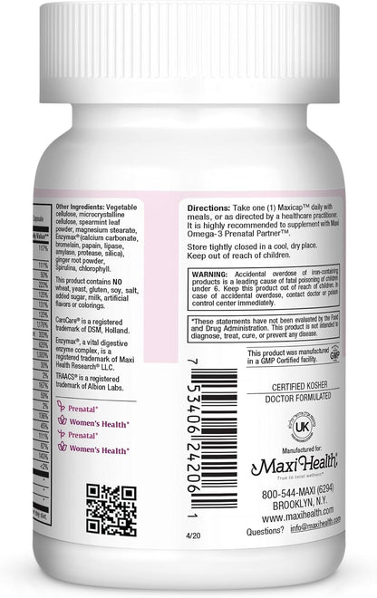 Maxi Health Prenatal Vitamins for Women - One a Day - Pregnancy Multivitamin with Folic Acid, Iron, Vitamin D3, B12, Zinc & Biotin - 60 Capsules