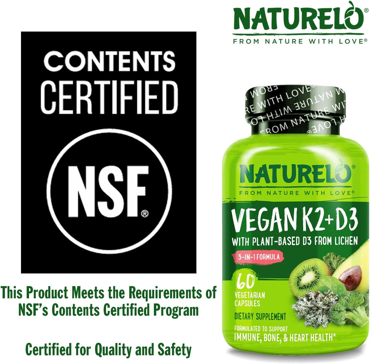 NATURELO Vitamin D3 & K2 - Vegan with Plant-Based D3 from Lichen - Food Supplement for Immune Support, Bone Health, and Heart Health* - Non-GM - Gluten-free - 60 Capsules - görsel 5