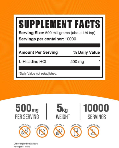L-Histidine HCl Powder - Essential Amino Acid, 500mg per Serving