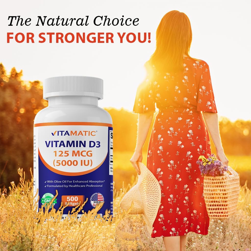 Vitamatic Vitamin D3 5000 IU (125 mcg) – 500 Mini Softgels with Olive Oil – Non-GMO & Gluten-Free – Supports Bone, Muscle and Immune Health - görsel 4