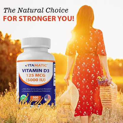 Vitamatic Vitamin D3 5000 IU (125 mcg) – 500 Mini Softgels with Olive Oil – Non-GMO & Gluten-Free – Supports Bone, Muscle and Immune Health