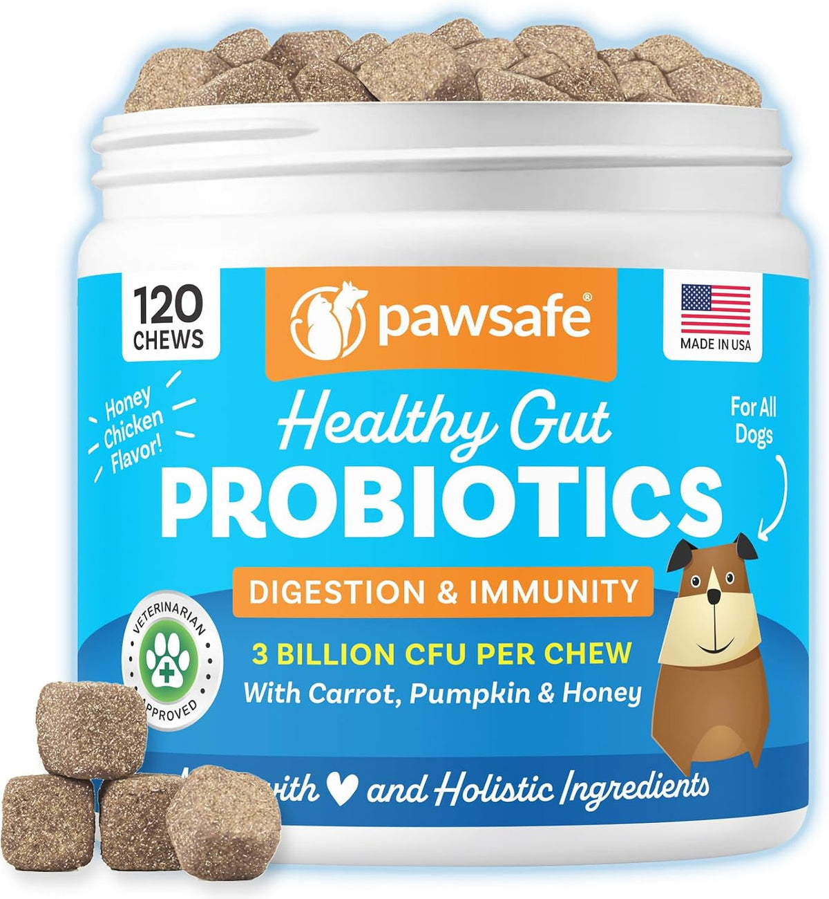 PawSafe® Dog Probiotics Soft Chews for Picky Eaters - Made in USA, 120 Count - Digestive & Gut Health Support - Natural with Pumpkin - Honey Chicken Flavour - görsel 1