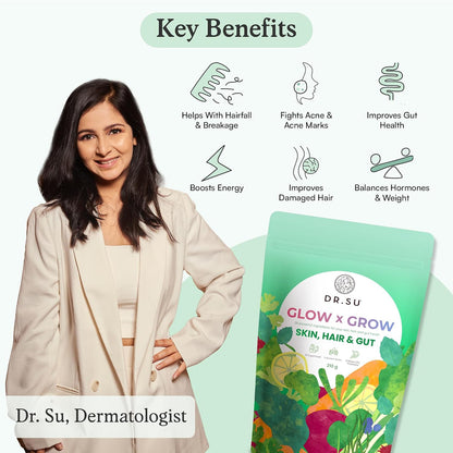 Dr. Su Glow x Grow 6-in-1 Supplement Powder – Sugar-Free 30 Sachets with Vitamins, Minerals, Probiotics, Fibre, Antioxidants & Adaptogens