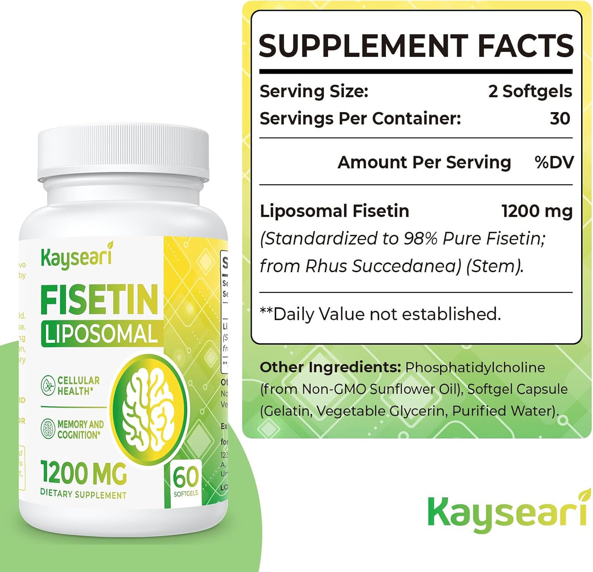Kayseari Fisetin 1200mg Liposomal Fisetin Supplements | 98% Pure Fisetin Polyphenols | Antioxidants | Immunity | Healthy Ageing | Cognitive Support | Non-GMO | 120 Capsules - görsel 3