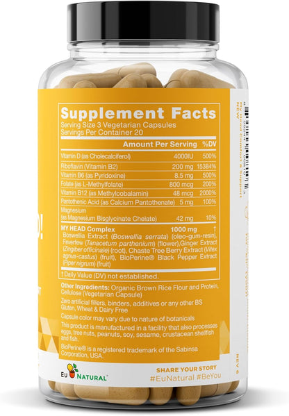 My Head! Headache Vitamins – Sensitivity, Tension, Comfort, Normal Head Function for a Clear Mind – Fast-Acting Magnesium, Feverfew, Boswellia, Vitamin D, Ginger and More – 60 Soft Capsules