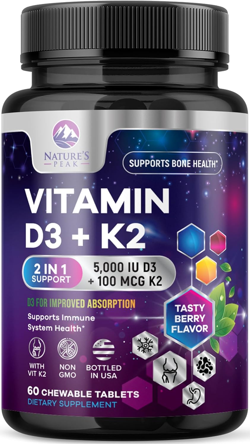 Vitamin D3 K2 5000 IU & 100 mcg MK-7 Berry Chew - 60 Chewable Tablets - görsel 1
