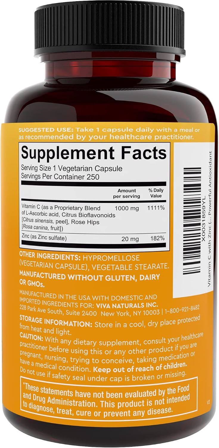 Viva Naturals Vitamin C and Zinc 1000mg with 20mg Zinc – 250 Vegetable Capsules – Image 8