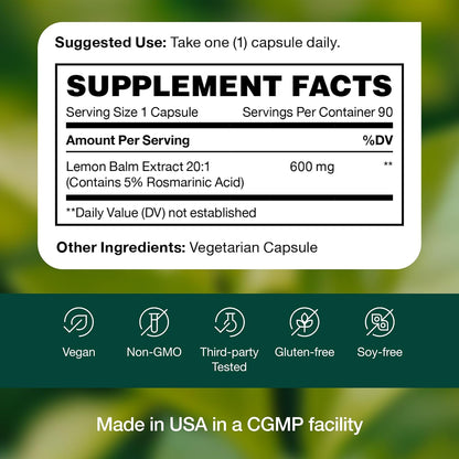 Lemon Balm Extract Capsules (600mg, 90 Capsules)