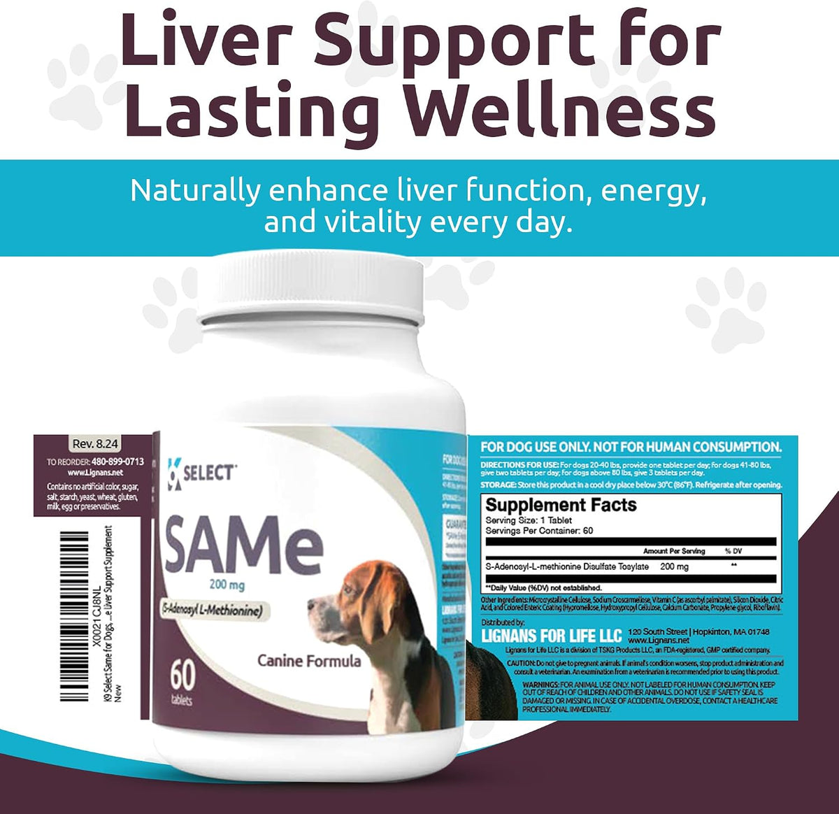 K9 Select SAM-e for Medium and Large Adult Dogs, 60 Tablets, 200mg Active S-Adenosyl L-Methionine - görsel 4