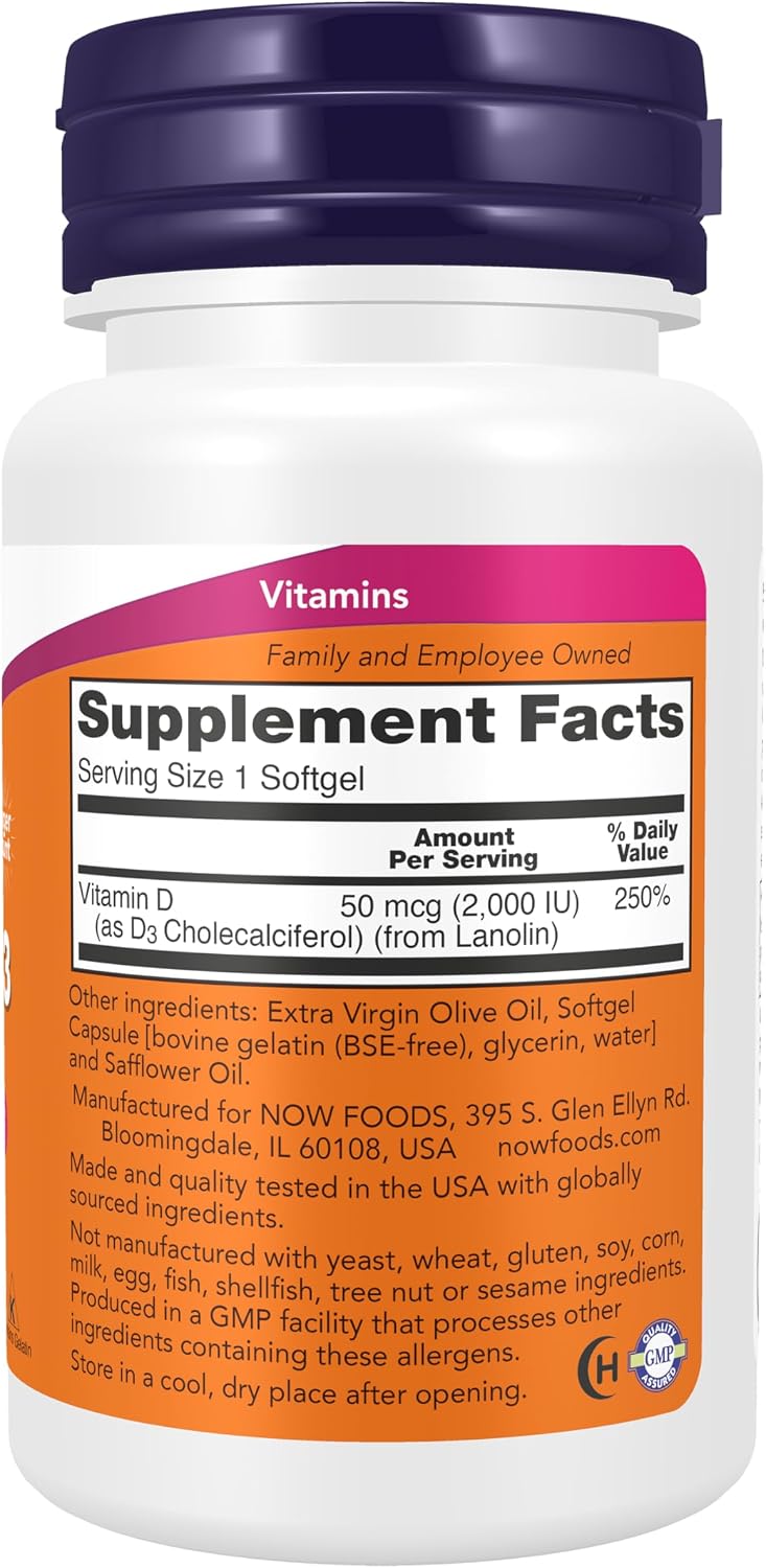 NOW Foods Supplements, Vitamin D-3 2,000 IU, High Potency, Structural Support*, 240 Softgels - görsel 2