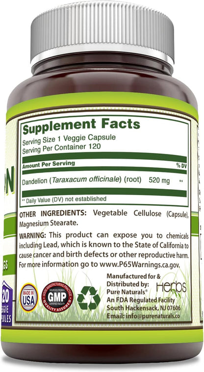 Pure Naturals Dandelion Root 520 mg Per Serving 120 Veggie Capsules Supplement
