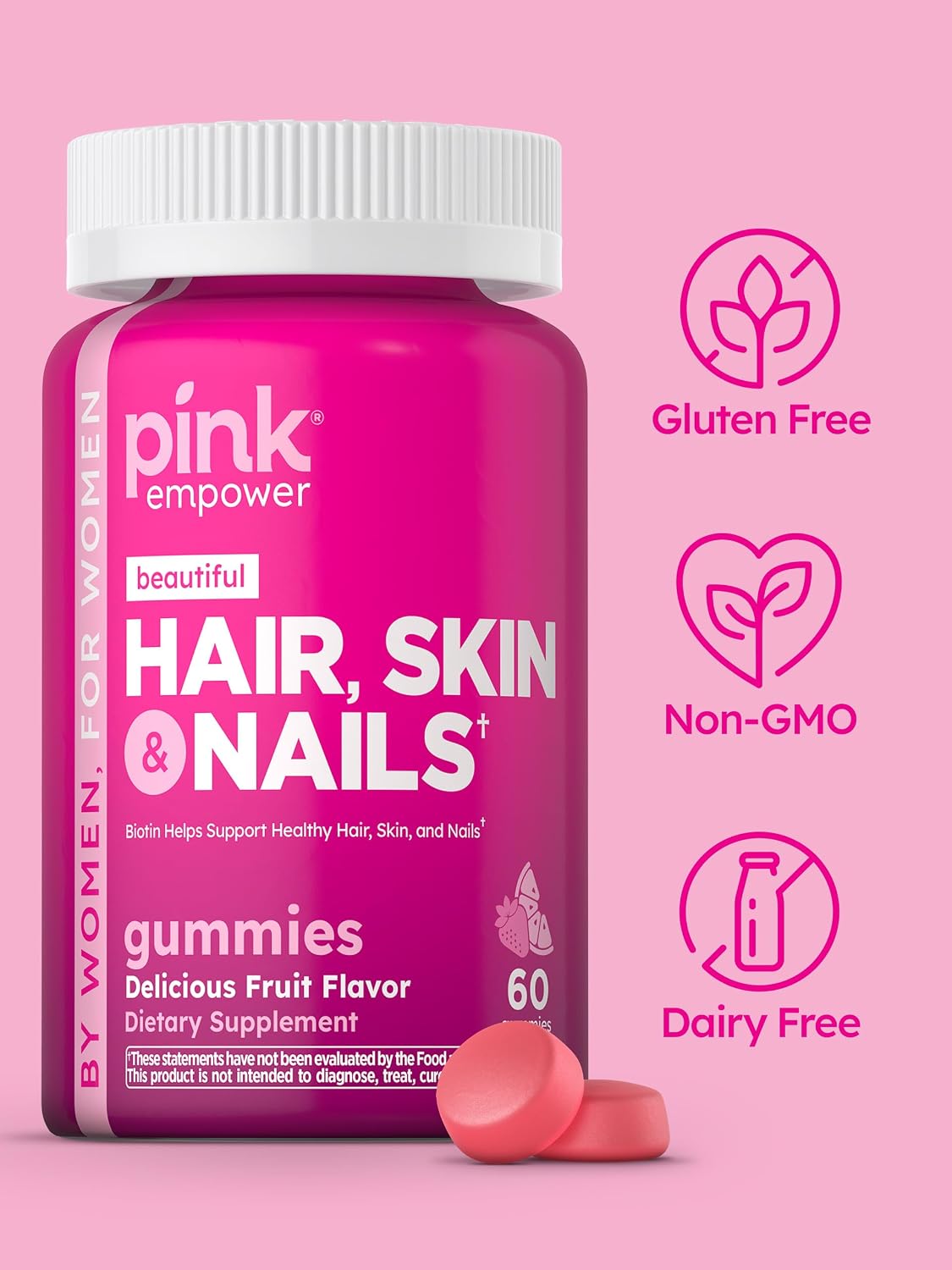 PINK Hair Skin Nails Gummies | 2,500 mcg Biotin | 60 Count | Non-GMO & Gluten-free Vitamins for Women | Strawberry Flavour - görsel 4