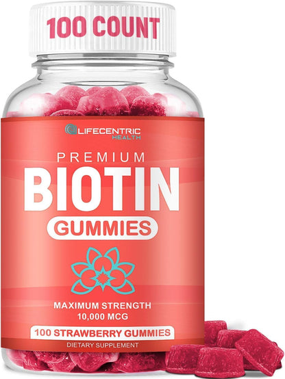 LifeCentric Health Biotin Gummies for Adults | Max Strength 10,000mcg | Vegan Hair Skin and Nails Supplement | 100 Count