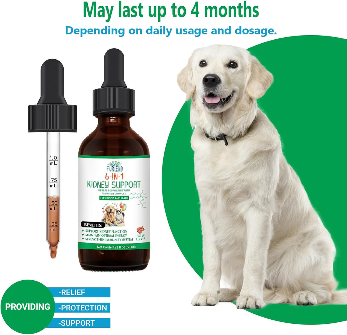 FURIEND Veterinary Formulated Kidney Support for Cats & Dogs - 6-in-1 Liquid with Herbal Blend & Vitamin B Complex - Bacon Flavour - 2 fl oz (59 ml) - görsel 7