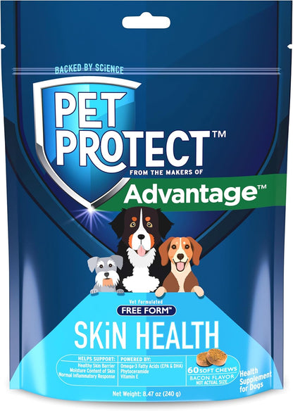 Pet Protect Skin Health Supplement for Dogs – Bacon-Flavoured Soft Chews, 60 Count