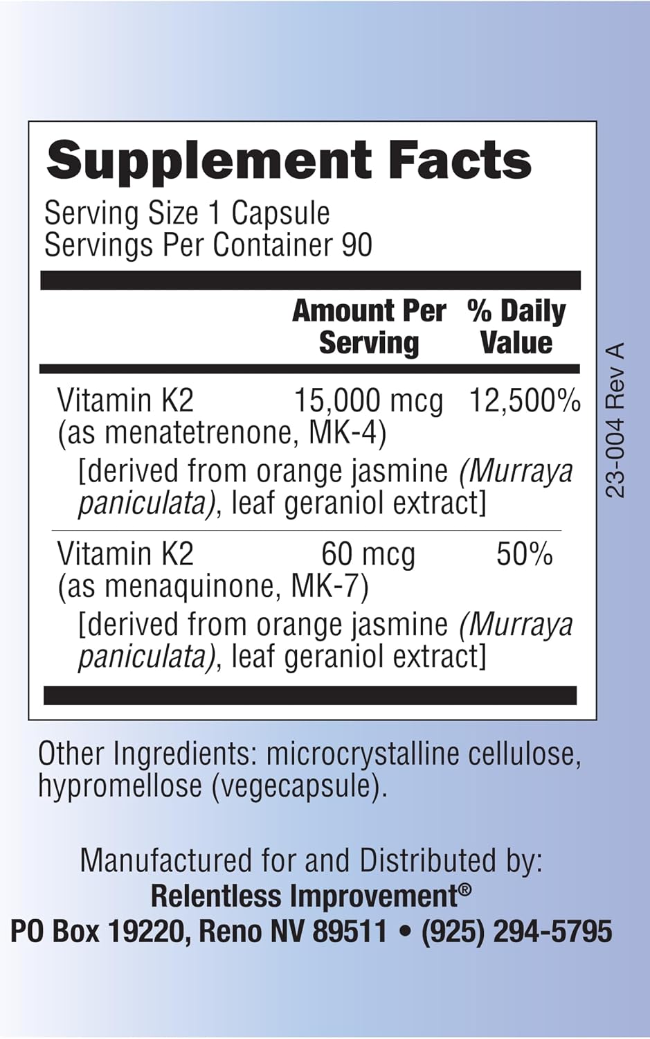 Relentless Improvement Natural Vitamin K2 MK4 Plus MK7 - 90 Veggie Capsules - görsel 3