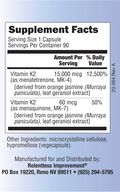 Relentless Improvement Natural Vitamin K2 MK4 Plus MK7 - 90 Veggie Capsules