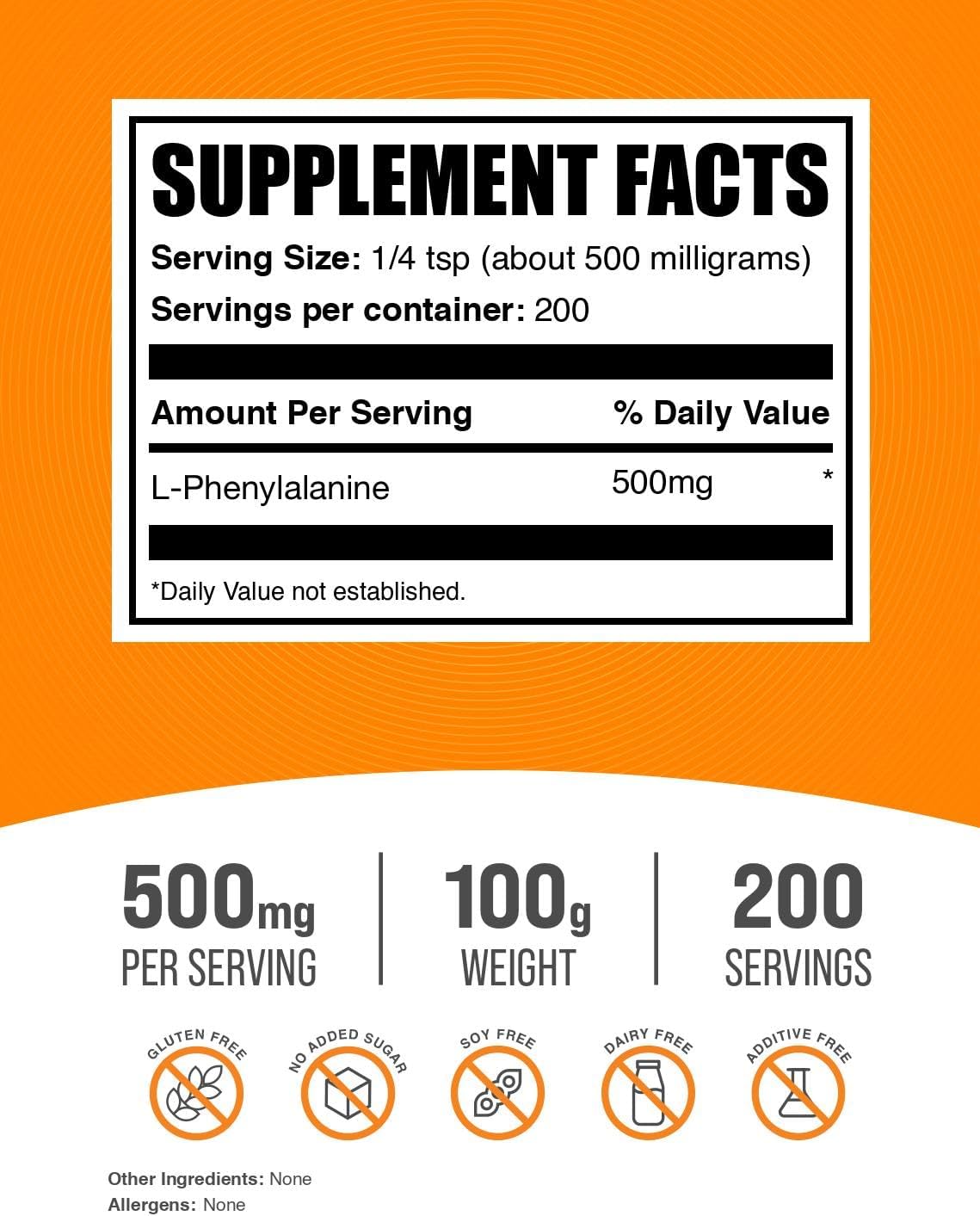 BulkSupplements L-Phenylalanine Powder (100g) - 500mg per Serving, Amino Acid Supplement, Gluten-free - görsel 2