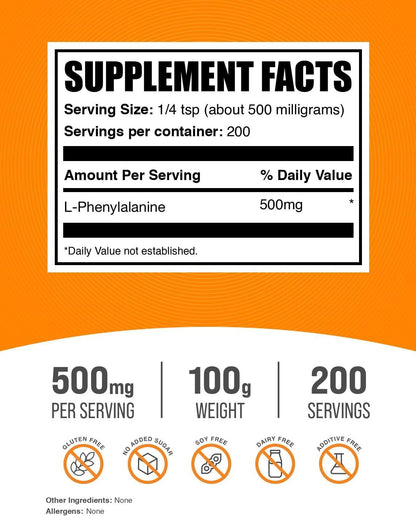 BulkSupplements L-Phenylalanine Powder (100g) - 500mg per Serving, Amino Acid Supplement, Gluten-free